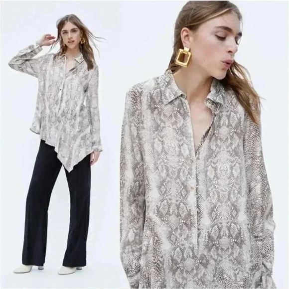 Zara Snake Skin Print Asymmetric Shirt Blouse Long Sleeve Button-Down Top XS - Picture 1 of 8